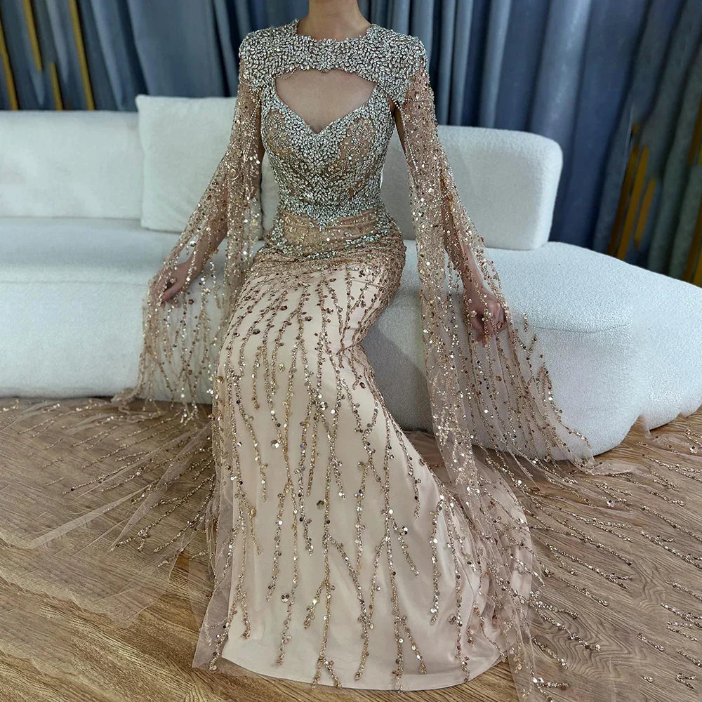 Vestido de noche sirena color nude 2025 con mangas de capa desmontables con cuentas de cristal, ideal para ocasiones formales LA72539 