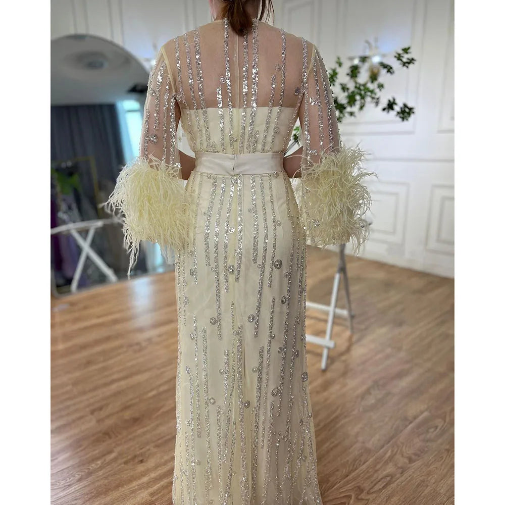 Beaded Feathers A Line Cream Caftan Marocain Femme  Evening Dresses  Arabic  With Jacket   Gown For Party LA71759