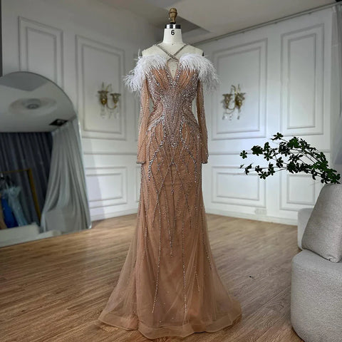 Vestidos de noche de sirena de lujo con plumas azules y cuentas para mujer, ideales para ocasiones formales (LA72836)