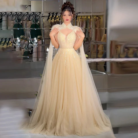 Arabic Beige A-Line Feathers Long Cape Luxury Beaded Saudi Evening Dresses Gowns for Formal Occasion 2025 LA72722