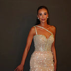 Vestido de noche de un solo hombro con cuentas color nude y cristales para ocasiones formales LA72872