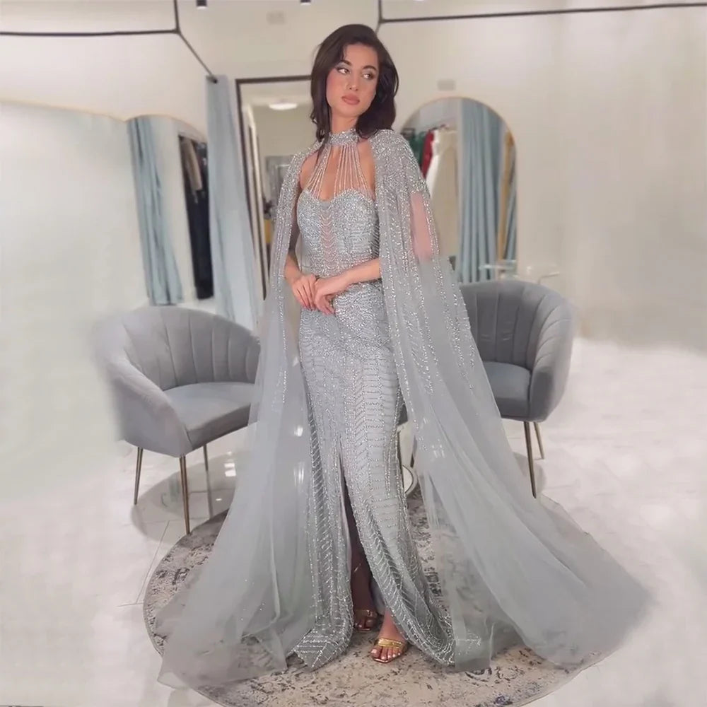 Vestido de noche elegante de sirena árabe gris con mangas tipo capa y lujosos bordados con cuentas para mujer, ideal para bodas y fiestas 2025 LA72247 