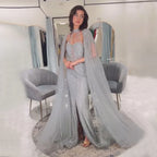 Vestido de noche elegante de sirena árabe gris con mangas tipo capa y lujosos bordados con cuentas para mujer, ideal para bodas y fiestas 2025 LA72247 