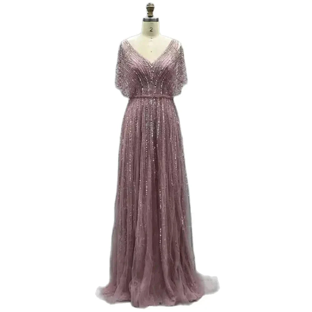 Dubai Red Luxury A-Line Sexy Evening Dresses 2025 Half Sleeves Beading Crystal Formal Dress Design Real Photo LA70458