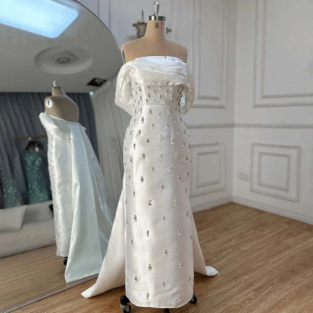 Vestido de noche sirena de satén azul árabe con cuentas de cristal hasta el tobillo, ideal para bodas y fiestas (LA72414A) 
