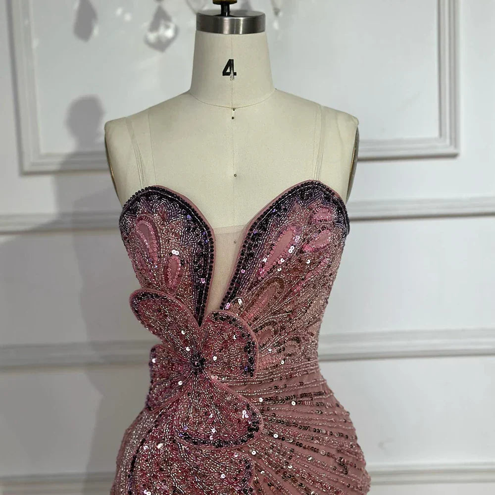 Vestido de noche de sirena rosa sin tirantes con abertura alta para ocasiones formales LA72480 (modelo saudí 2025) 