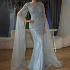 Vestido de noche de lujo con cuentas, estilo sirena, elegante, con mangas capa, color caramelo, para ocasiones formales (LA72775) 