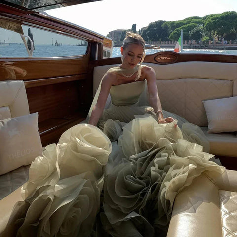 Elegant Sage Green 3D Flowers A Line Evening Dresses Gowns LA72913