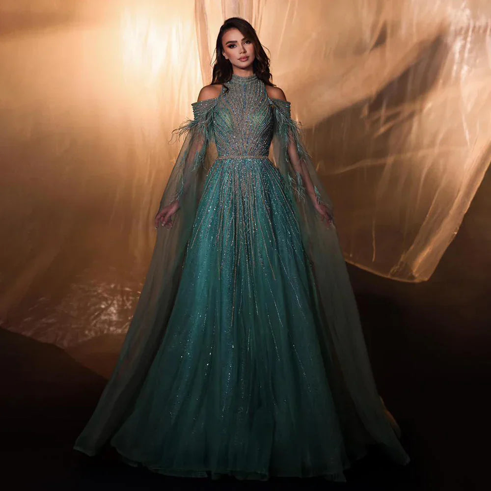 Vestido largo de noche corte A con mangas capa, bordado de plumas y cuentas, estilo árabe turquesa, para mujer, ideal para bodas y fiestas (LA72644)