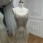 Vestido de noche corte sirena plateado nude con tirantes finos y borlas de cuentas de lujo para ocasiones formales LA72772 