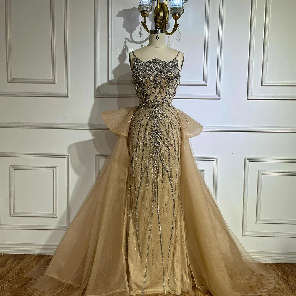 Vestidos de noche color nude con tirantes finos y cuentas, estilo saudí, con sobrefalda, para ocasiones formales LA72810 