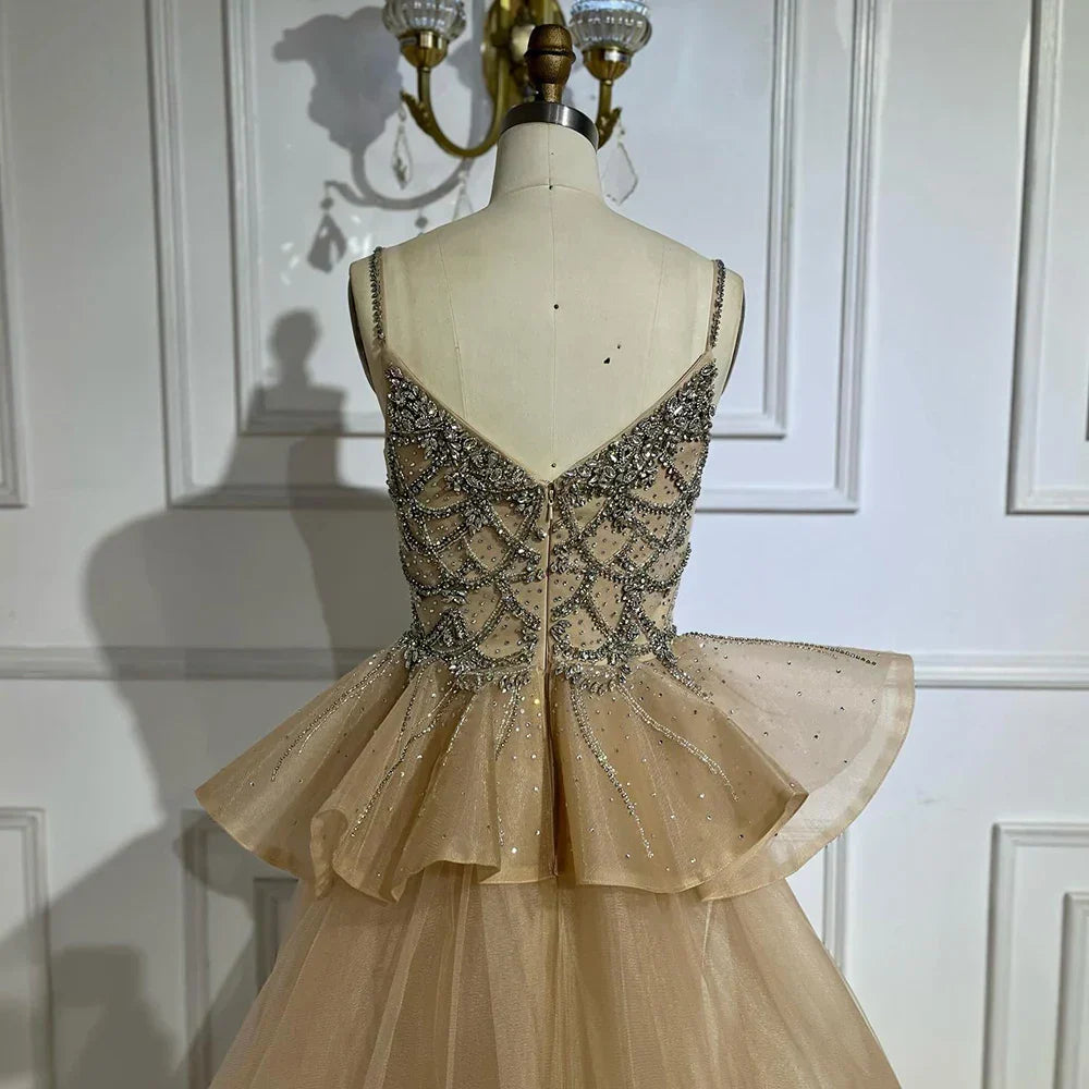 Vestidos de noche color nude con tirantes finos y cuentas, estilo saudí, con sobrefalda, para ocasiones formales LA72810 