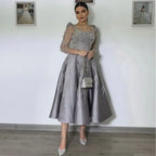 Vestido de noche midi gris de satén con encaje y cuentas, estilo árabe, corte A, elegante, formal, para mujer, ideal para bodas y fiestas (LA72240)