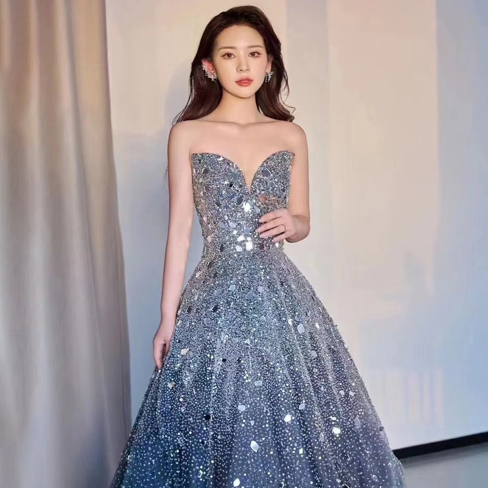 Grey A-Line Elegant Evening Dress 2025 Off The Shoulder Luxury Beaded Crystal Sequins For Women Party LA71644