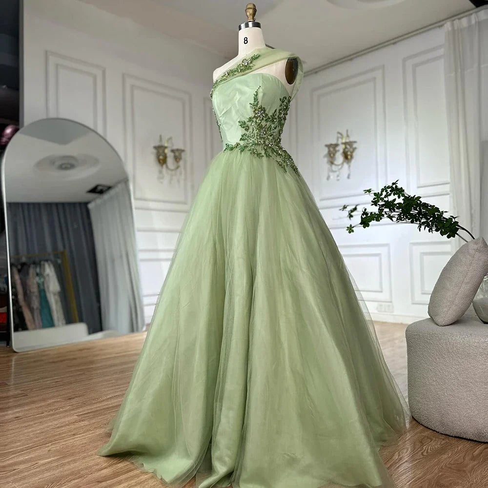 Vestido de noche largo árabe elegante de un solo hombro, corte en A, apliques, color verde salvia, ideal para ocasiones formales (LA72783) 