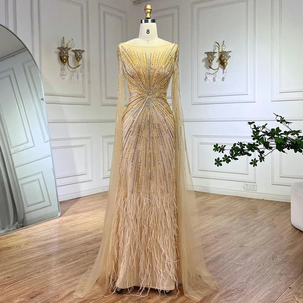 Luxury Lilac Feathers Evening Dresses with Cape Sleeves LA72036