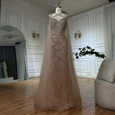 Robe de soirée arabe couleur chair, manches cape, perles et cristaux, pour femme, tenue de mariage, LA72806, 2025 