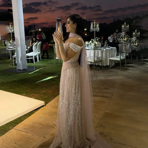 Robe de soirée trapèze à épaules dénudées et perles avec corset LA72922 