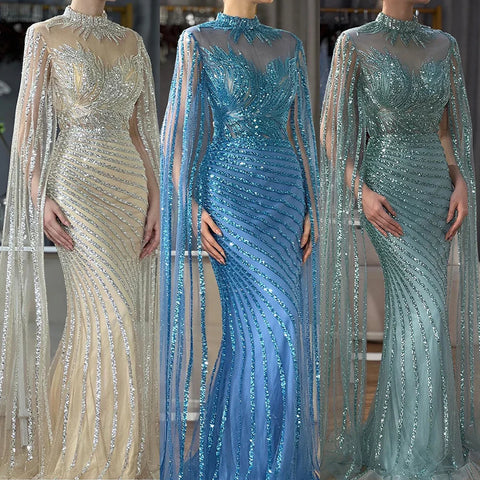 Vestido largo de noche estilo sirena color nude, con mangas capa, encaje y cuentas, ideal para ocasiones formales (LA71885B) 