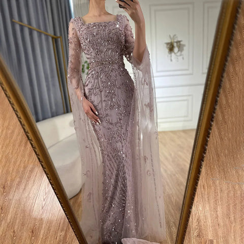 Robe de soirée de luxe turquoise arabe à manches cape LA72400