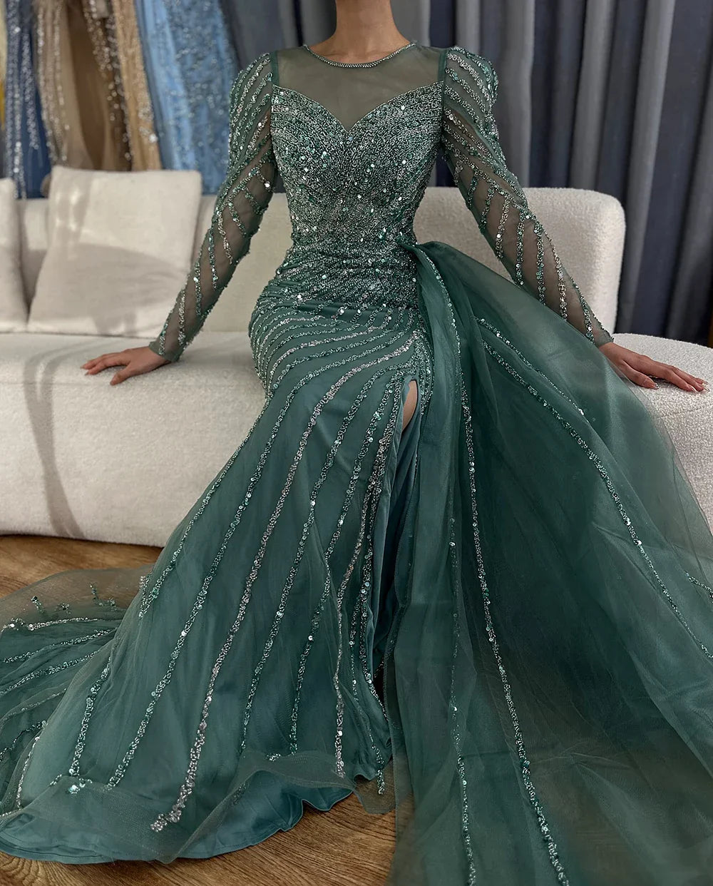 Vestidos de noche largos de lujo estilo sirena, turquesa árabe, con abertura y cuentas, para mujer, estilo Dubai, ideales para bodas y fiestas (LA72448) 