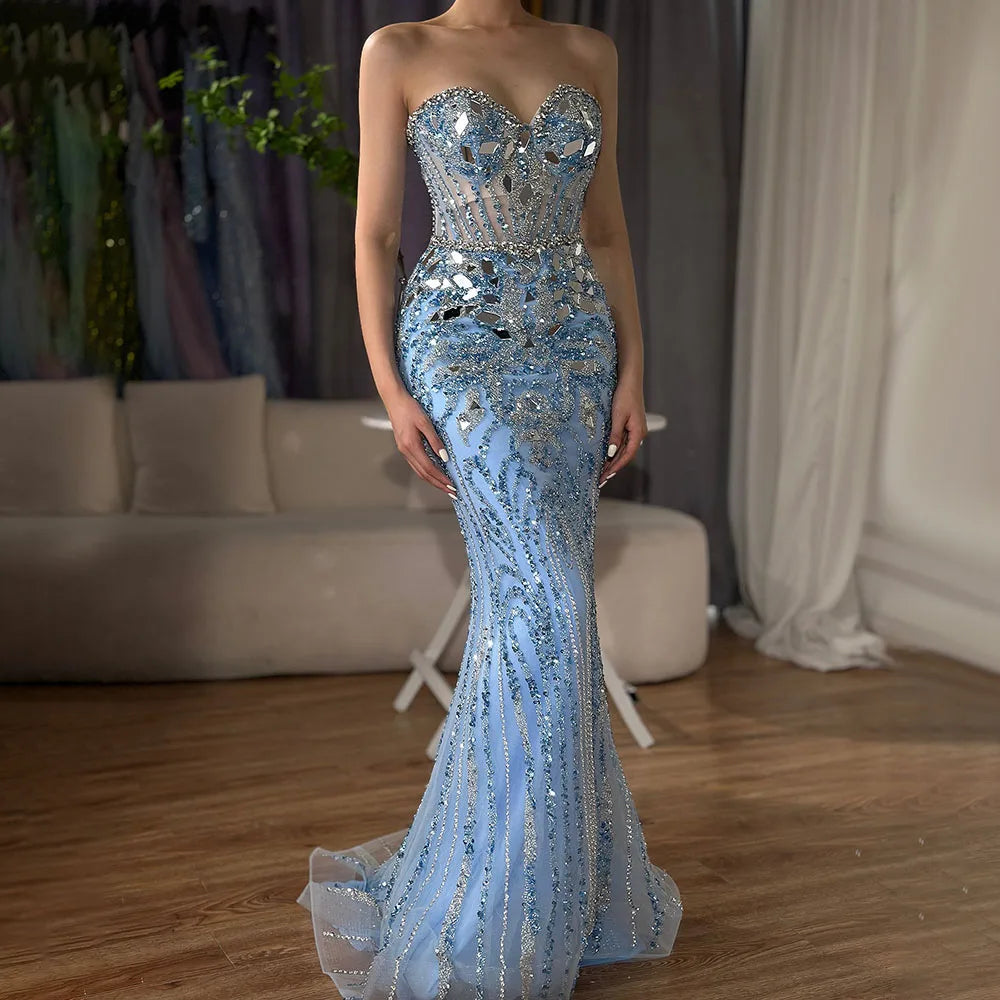 Vestidos de noche de lujo estilo sirena, elegantes, sin tirantes, con cuentas, color azul árabe, de Dubai, colección 2025 para mujer, modelo LA72328 