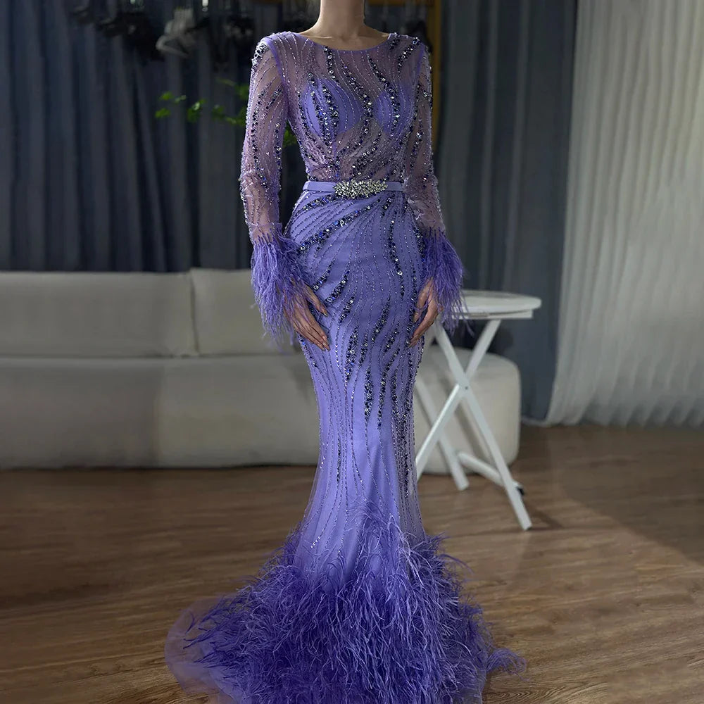 Elegant Mermaid Evening Dress Arabic Purple Beaded Feathers | Luxury Gown for Women's Wedding Party 2025 LA72367