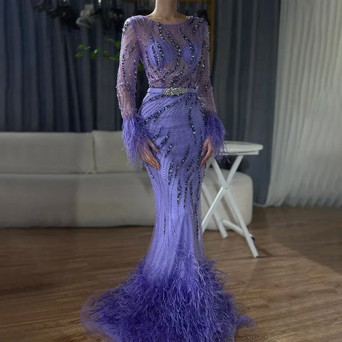 Elegant Mermaid Evening Dress Arabic Purple Beaded Feathers | Luxury Gown for Women's Wedding Party 2025 LA72367