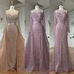 Vestido de noche de sirena rosa con cuentas, estilo árabe saudí, con mangas largas transparentes para ocasiones formales LA72875 