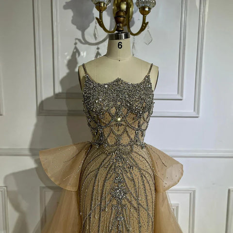 Robe de soirée saoudienne couleur chair à bretelles spaghetti et perles, avec surjupe, pour une occasion formelle, LA72810, 2025 