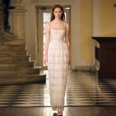 Luxury Crystal Dubai White Evening Dresses for Women Wedding Sqaure Neckline Midi Formal Prom Party Gown LA72473