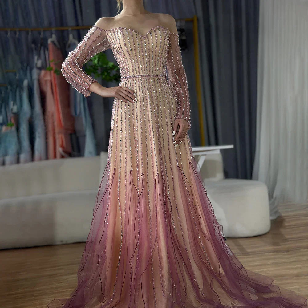 Vestidos de noche largos, elegantes, de corte A, color púrpura árabe, con cuentas, para ocasiones formales LA72752 