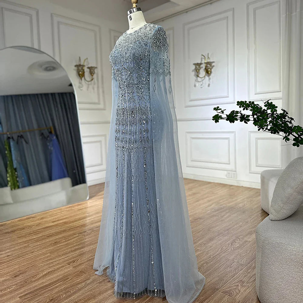 Vestido de noche de lujo con cuentas, estilo sirena, elegante, con mangas capa, color caramelo, para ocasiones formales (LA72775) 