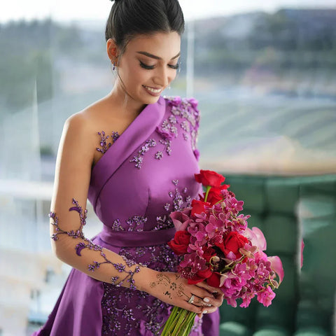 Robe de soirée sirène en satin violet, luxueuse et élégante, en dentelle et perles, style Dubaï, pour femme, modèle LA72179, 2025 