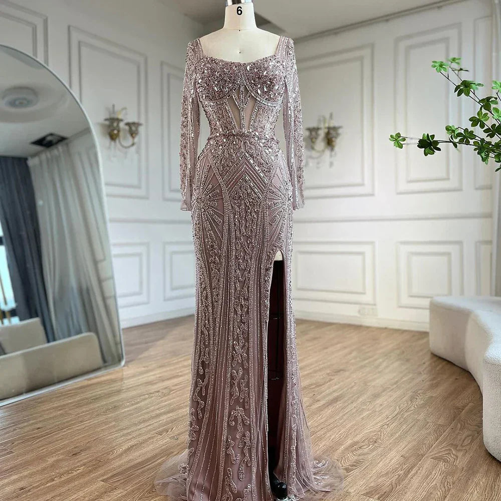 Vestidos de noche de lujo con cuentas para mujer, estilo sirena elegante con abertura, color verde, para bodas en Dubái, Arabia Saudita (LA72518) 