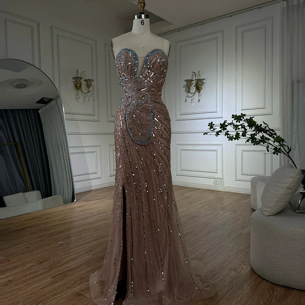 Vestido de noche de sirena rosa sin tirantes con abertura alta para ocasiones formales LA72480 (modelo saudí 2025) 