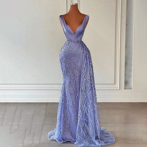 Arabic Blue Mermaid Elegant With Skirt Sexy Deep V-Neck Evening Dresses Gowns Beaded 2025 For Women Party LA71751