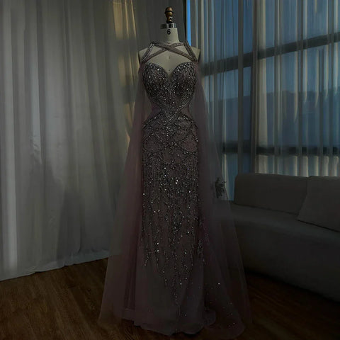 Robe de soirée arabe couleur chair, manches cape, perles et cristaux, pour femme, tenue de mariage, LA72806, 2025 