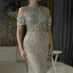 Vestidos de noche de lujo estilo sirena, color plata, nude, con cuentas y cristales, estilo árabe, para mujer, ideales para bodas y fiestas (LA72411) 