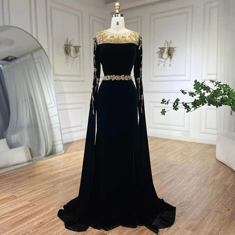 Muslim Green Cape Sleeves Evening Dresses Gowns 2025 Beaded Elegant Mermaid Velour for Women Party LA71452
