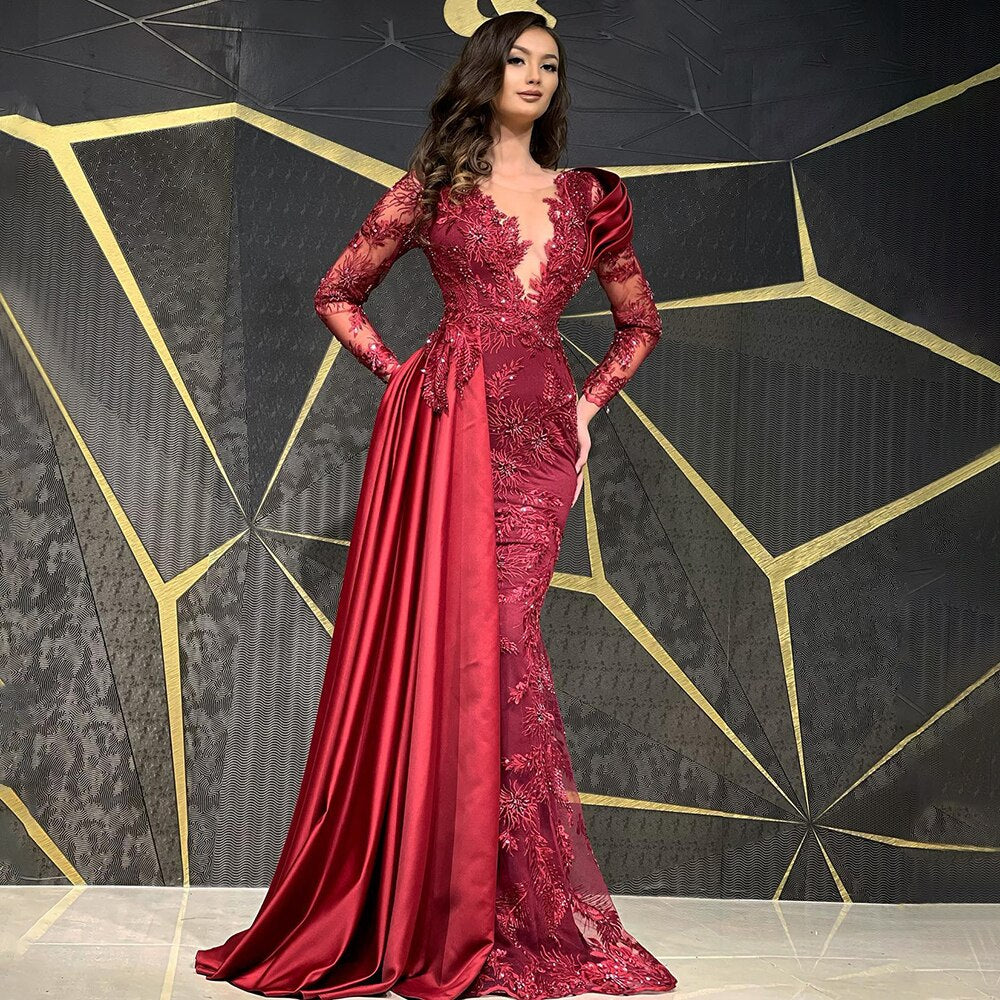 Muslim Wine Red Mermaid Elegant Evening Dresses Gowns 2025 Luxury Beaded Overskirt For Women Party LA71470