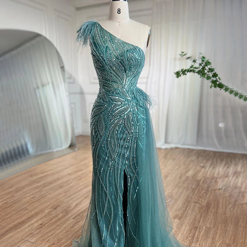 Vestido de noche de sirena turquesa, sexy, con abertura alta y falda con plumas y cuentas, para mujer, 2025, para fiesta, LA71955 