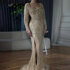 Vestidos de noche de lujo con cuentas para mujer, estilo sirena elegante con abertura, color verde, para bodas en Dubái, Arabia Saudita (LA72518) 