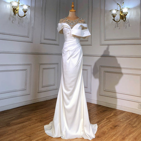 Vestidos de noche de satén blanco con cuentas, corte sirena, elegantes y lujosos, para mujer, fiesta, LA71487 
