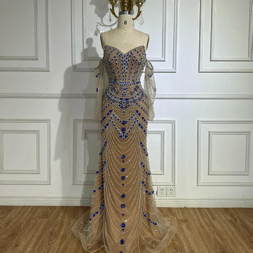 Luxury Blue Beaded Evening  Dress Gowns Beaded For Formal Occasion LA72858