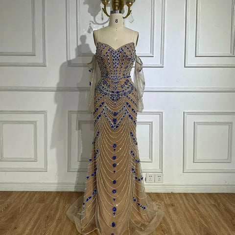 Vestido de noche azul de lujo con cuentas, ideal para ocasiones formales LA72858