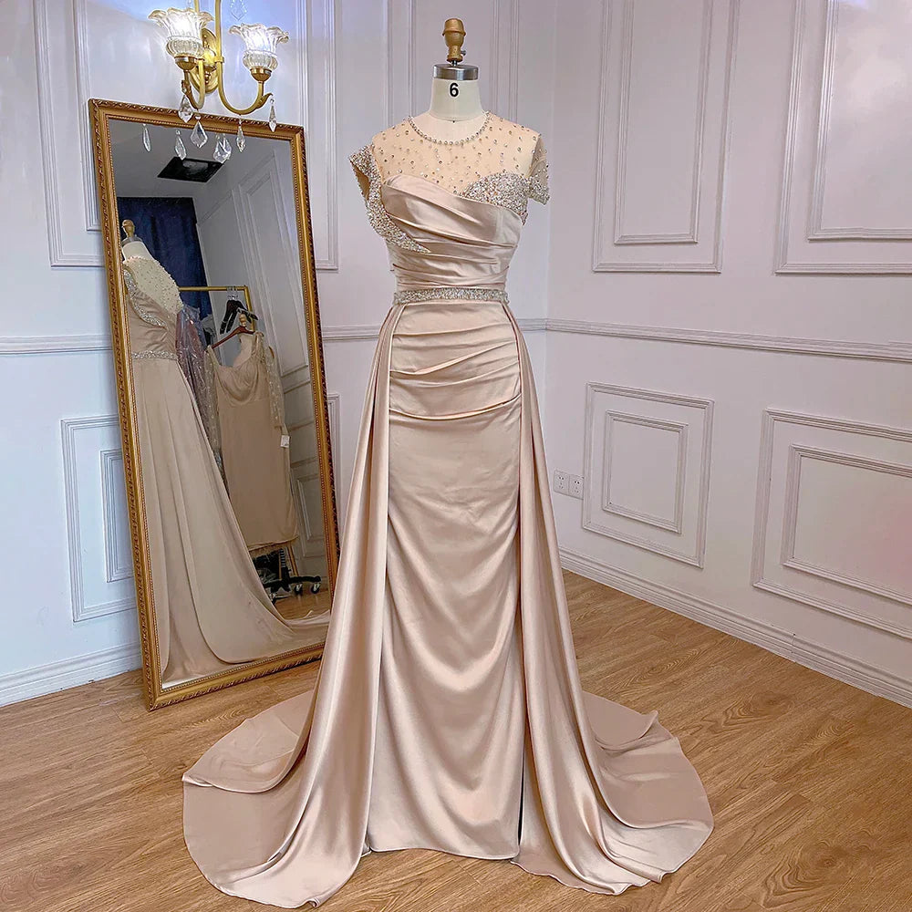 Robe de soirée élégante en satin, style sirène, couleur chair, avec jupe, perles, style arabe, LA71725 