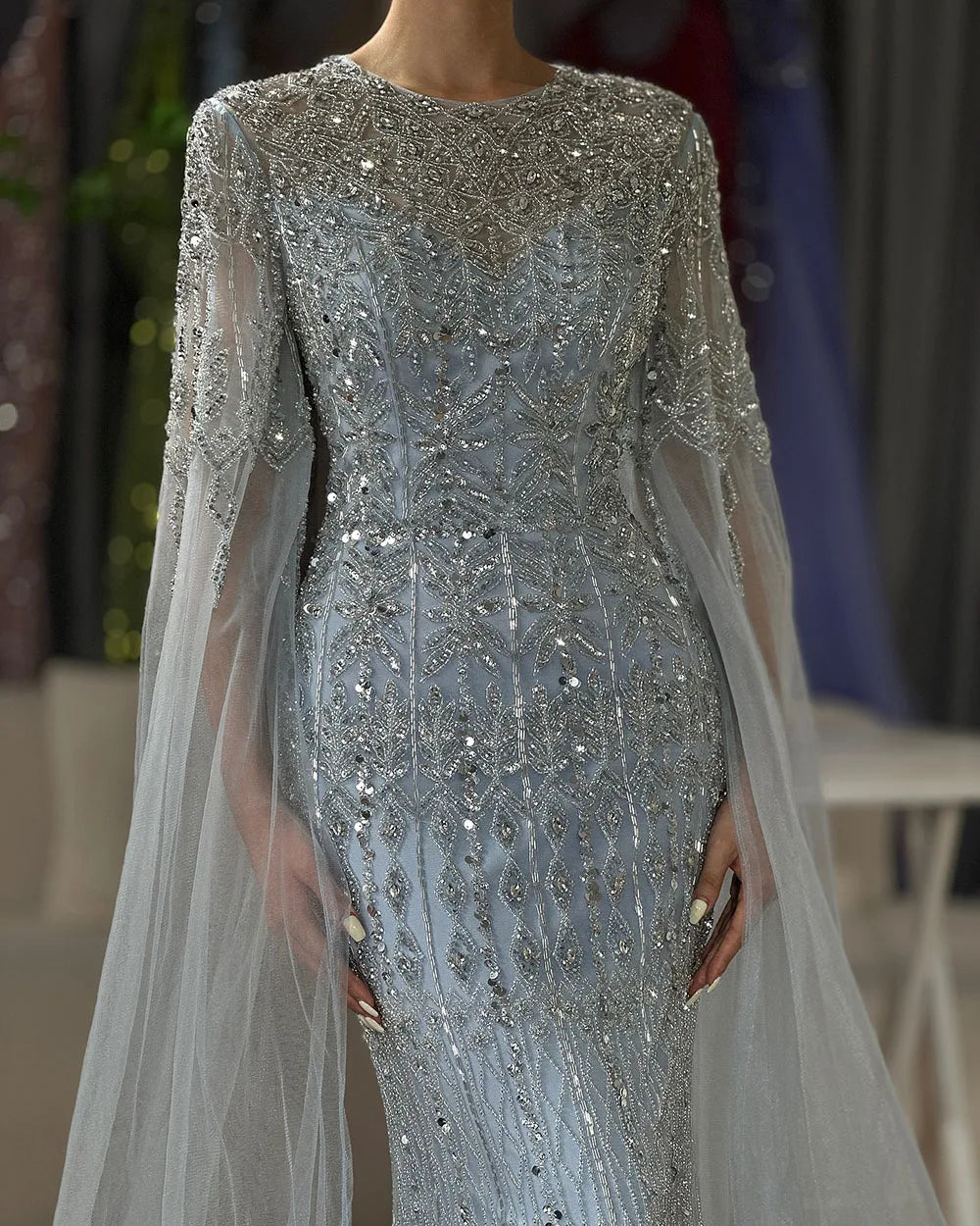 Vestido de noche de lujo con cuentas, estilo sirena, elegante, con mangas capa, color caramelo, para ocasiones formales (LA72775) 
