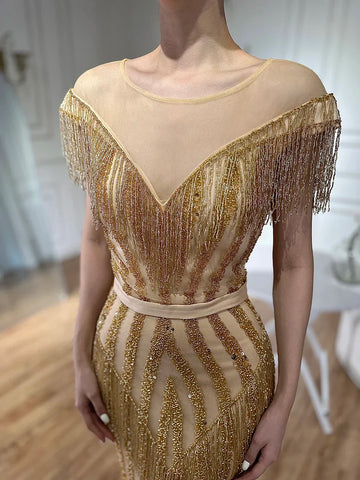 En oferta, sin devoluciones ni reembolsos. Vestidos de noche de sirena dorados de lujo sin mangas, elegantes vestidos de noche brillantes LA6543