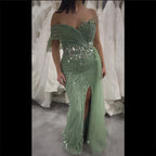 Pink Beaded One-Shoulder Mermaid Evening Gown with Slit and Tulle Detail for Formal Occasion LA72888 2025